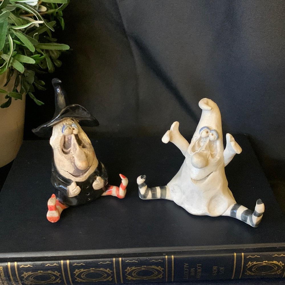 Set of 2 handmade ceramic clay witch and ghost halloween figures